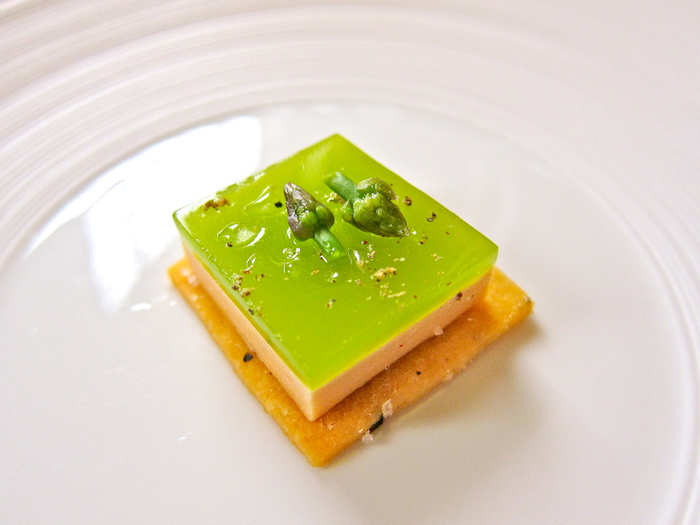 Over the years, Eleven Madison Park has made its famous foie gras seared, cured, and made into pudding. This preparation came topped with an asparagus gelée.