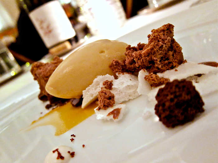 An interesting take on the milk and cookies, the Milk and Chocolate course combined dehydrated chocolate mousse, caramelized white chocolate sorbet, browned milk solids, and other rich cocoa textures.