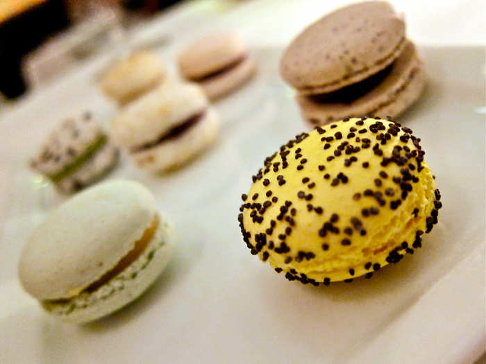 The final course, a generous plate of macarons, offered an even greater variety of flavors. The macarons came in pink peppercorn with caramel, chocolate banana, peanut butter, coconut with chocolate ganache, Meyer lemon, toasted sesame with green tea, and grapefruit with fennel.