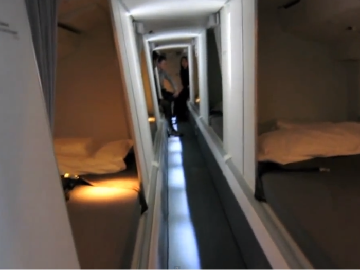 On the 777, there is a long corridor housing the crew bunks.