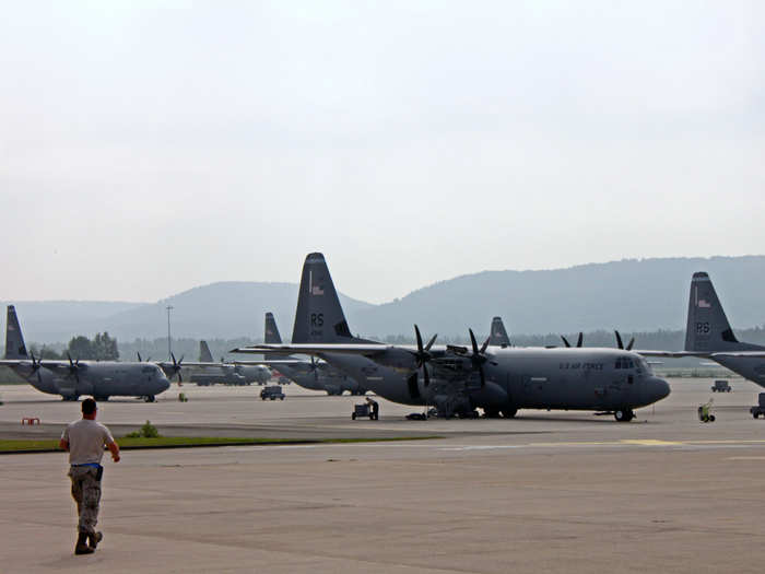 The 37th flies the C-130J "Super" Hercules transport plane. The 86th has 14 of these enormous aircraft.