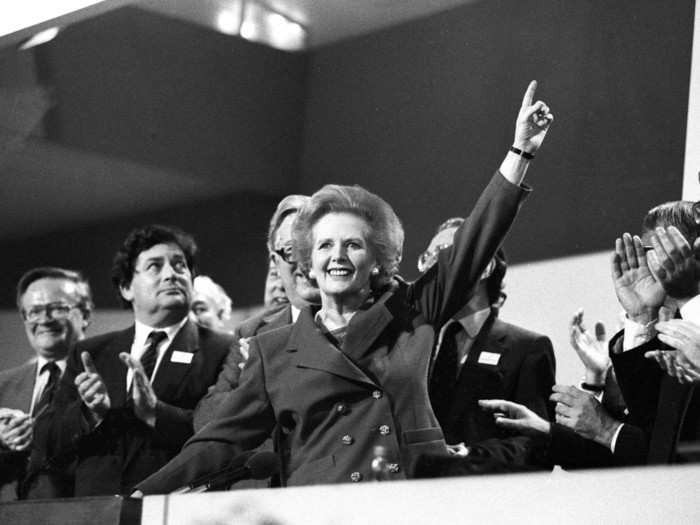 Eight years later, the lady was still not for turning. She won her third consecutive victory with 42.2% of the national vote in 1987. Below you can see her premiership still looked strong as she greets a standing ovation at the 1989 Conservative conference.