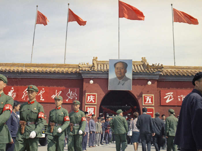 There were military-related May Day festivities in other parts of the communist world. Here, Chinese soldiers march through Tiananmen Square in Beijing on May Day, 1967, the year after Mao Zedong launched the disastrous Cultural Revolution.