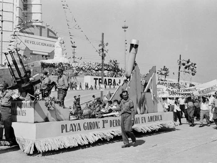 May Day was a chance for communist Cuba to flex its muscles as well. The 1961 May Day Parade in Havana included this float depicting "the action on Giron Beach where Fidel Castro