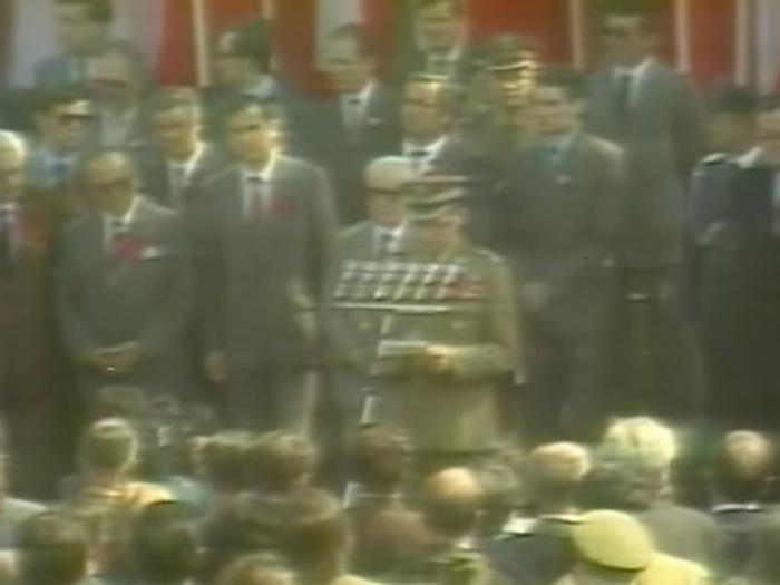 There would be signs of unrest at May Day parades as the Cold War wore on. Here, Polish military dictator Wojciech Jaruzelski speaks at the 1983 May Day parade in Warsaw. Wide-scale protests were unfolding nearby, and Jaruzelski was forced to repeal a state of martial law in mid-July of that year — although he stayed in power until 1990.