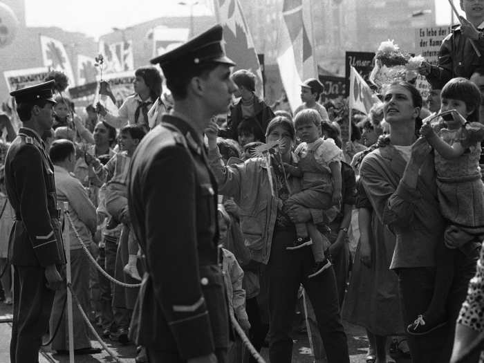 The 1988 May Day parade in East Berlin — on the second-to-last May Day before the Berlin Wall fell — there were already signs the end might be nearing for European communism. The parade had a large police presence after what the Associated Press described as "widespread rumors that dissidents would try to disrupt the parade." These policeman already look like they