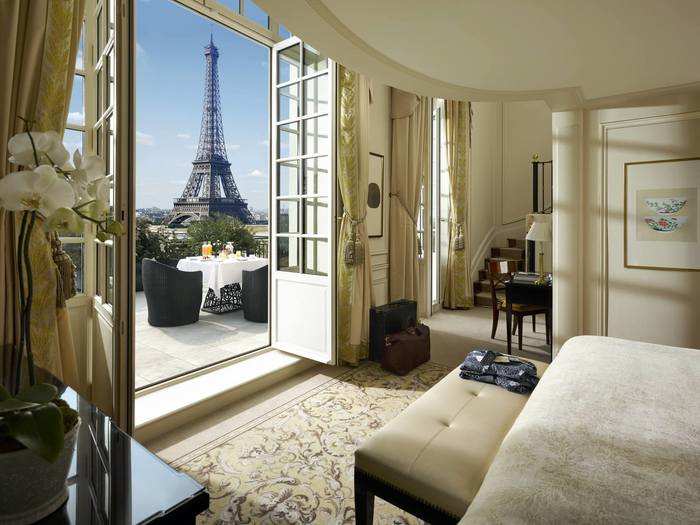 Wake up to incredible views of the Eiffel Tower at the luxurious Shangri-La hotel in Paris.