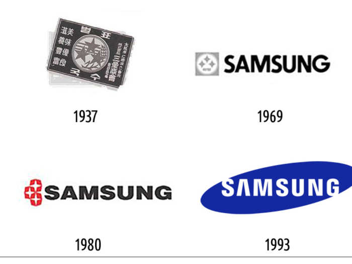 Samsung started out as a noodle shop, so its first logo looks a bit non-techie, but it eventually switched to its famous blue logo in 1993.