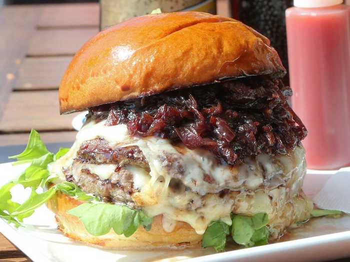 Santa Monica, CA: The Hipster Jam Burger floods two grass-fed beef patties with melted Gruyère cheese and bacon-onion jam.