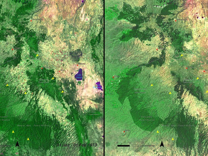 Deforestation of Mau Forest, Kenya, Jan. 1973 vs. Dec. 2009