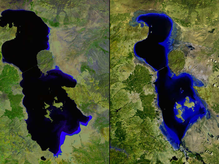 Shrinking Lake Urmia, Iran, July 2000 vs. June 2013