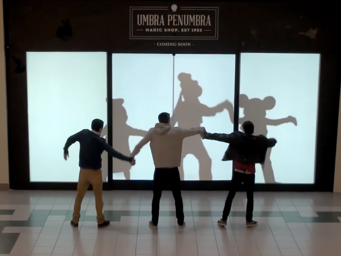 Back in February, Mickey, Minnie, Goofy, Elsa, Cinderella, Buzz Lightyear, and other Disney characters surprised shoppers in a mall by mimicking their movements in silhouette form via this billboard to promote Disney Parks. Later on the characters jumped out from behind the screen to meet and greet the kids.