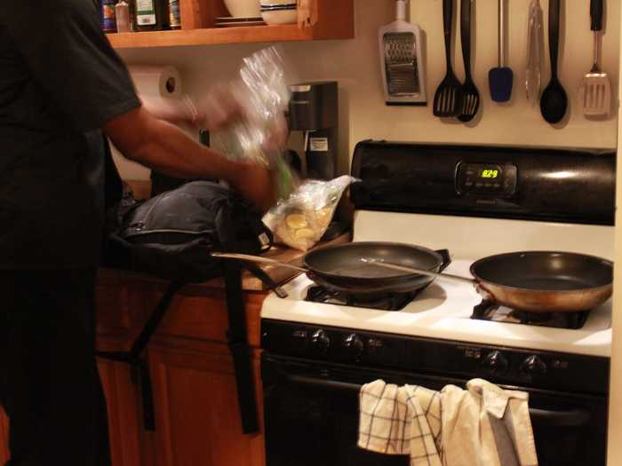 Chris arrived a little early for our 9 pm appointment. He brought his own cooking equipment and all of the ingredients for our dinner in baggies, like Blue Apron or Hello Fresh does.