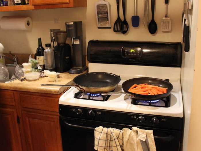 The only things he used from our kitchen were our stove, oven, and a couple bowls for mixing and serving.