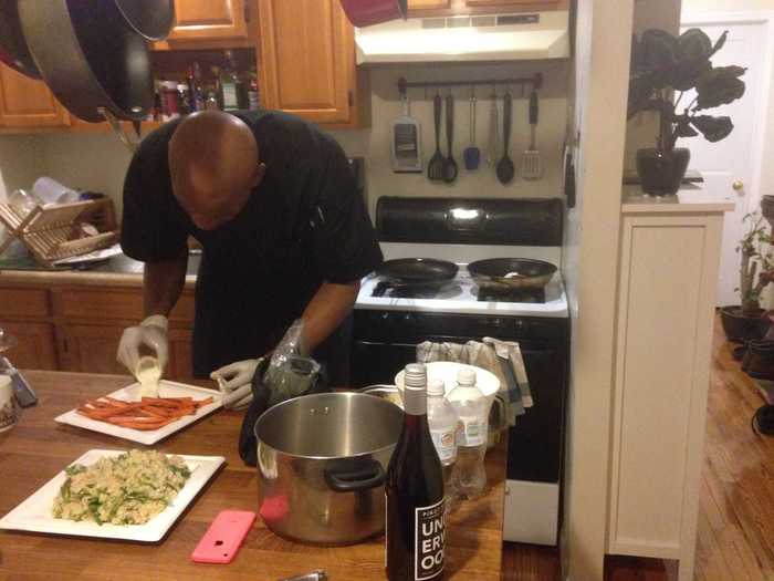 Beyond just cooking the meal, he took great pains to make it presentable. When he first arrived, Chris asked if I had platters to serve the meal. Given that I only had big bowls, he decided to use classier-looking paper plates that he brought.