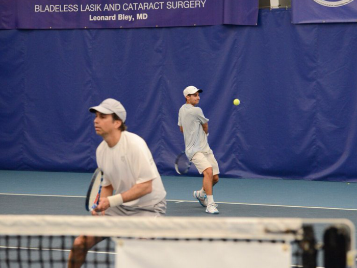 Jimmy Wasserman, who will be playing for Princeton next year, gets ready to hit a backhand. He played with Kevin Magid, a managing director at Audax Senior Debt.