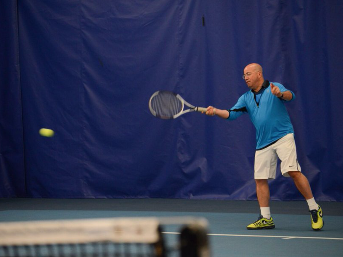 CNN president Jeff Zucker hits a forehand. Zucker was kind enough to bet $1,000 on every team other than his own raising $19,000 the day of the event.