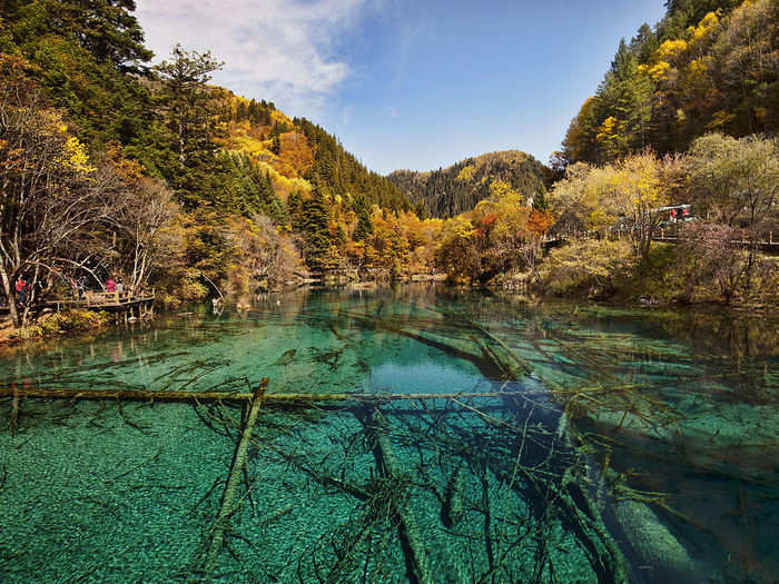 The Jiuzhaigou Valley, a remote region of northern Sichuan, China, stretches over 180,000 acres. It