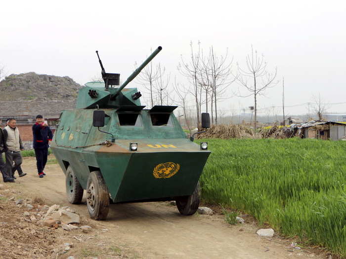 Meanwhile ,Liu Shijie, a 35-year-old farmer from the Huaibei, Anhui province, took six months and spent 30,000 yuan (£3,074, $4,850) to make a homemade armoured vehicle.