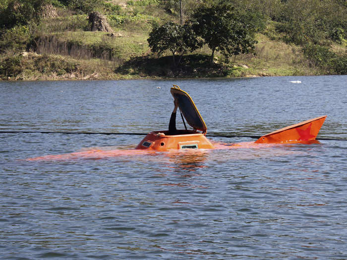 Tan Yong, a 44-year-old farmer, created a home-made submarine at a lake in Dangjiangkou, Hubei province. He spent five months building it and now it is capable of diving to a depth of 10 metres.