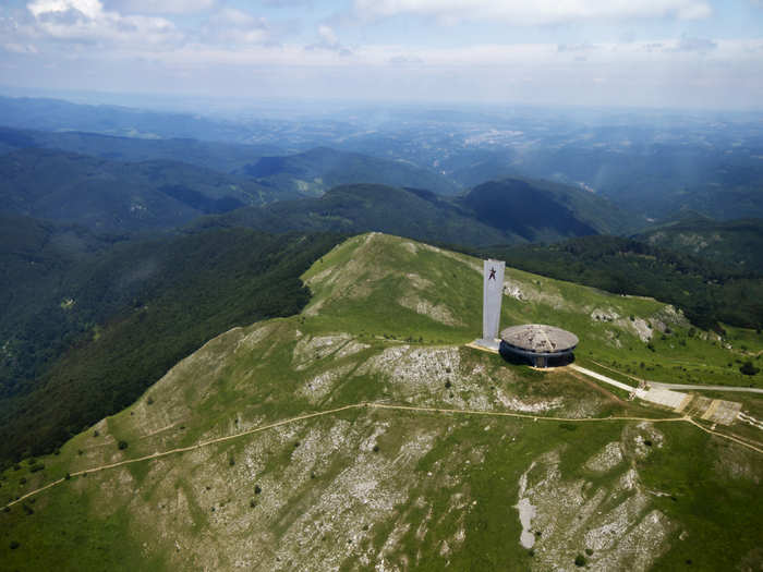 The Buzludzha Monument was built on this peak to honor the socialists who clandestinely met there in the late 1800s to organize the first socialist party in Bulgaria, which later became the Bulgarian Communist Party.