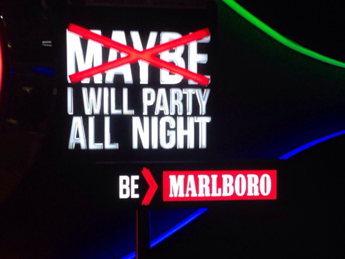 This one says "I WILL PARTY ALL NIGHT" with the Marlboro logo.