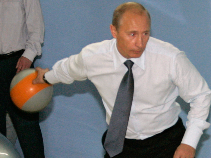 Not all his chosen sports are of the extreme variety. Putin can be seen enjoying a spot of bowling with First Deputy Prime Minister Sergei Ivanov in 2007.