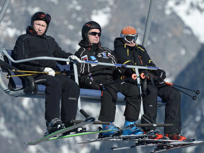 Oh, and with Russian winters skiing is always a popular activity. Below Putin (L) sits on a chair lift during a visit to the "Laura" cross country ski and biathlon centre in the Krasnaya Polyana resort near Sochi.