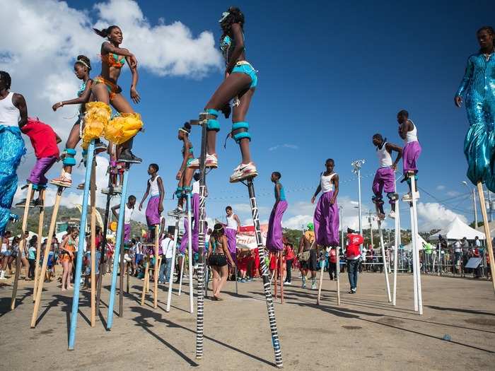 During the Trinidad and Tobago Carnival, many people dress up as the Moko jumbie, a stilts walker or dancer.