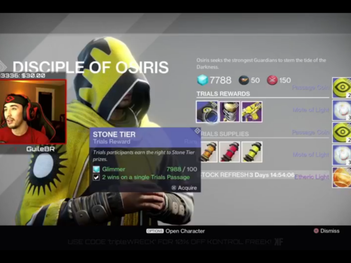 The other rewards tiers from Brother Vance offer rare currency for purchasing exotic goods, and Passage Coins to, of course, play Trials of Osiris again!