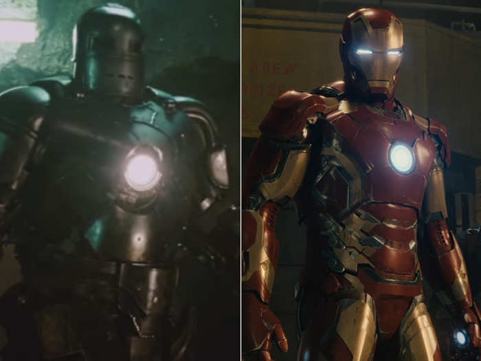 Iron Man is a tricky one—his armor changes every movie, but the general design is mostly the same. Below are his original suit and one of his suits from the latest film.
