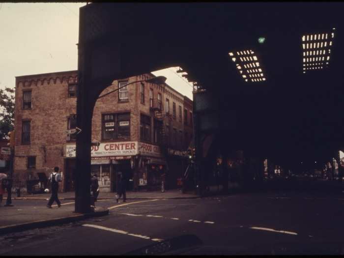 View from under elevated train tracks at Bushwick Avenue