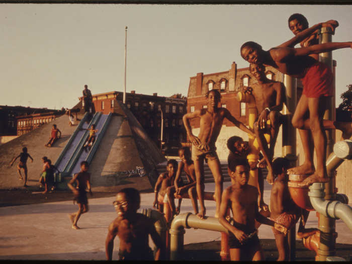 Youngsters on the July 4th holiday at the Kosciusko Swimming Pool in Bedford-Stuyvesant, Brooklyn.