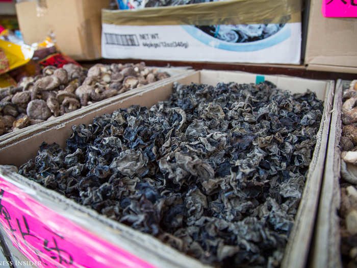 Cloud ear fungus, also known as black fungus, has a slippery yet crunchy texture. A coworker tells me its bland flavor absorbs the taste of whatever it is cooked with.