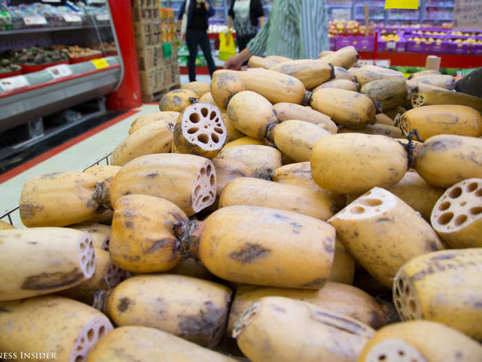 The produce aisle offered tons of foreign-looking ingredients. The crisp yet tender lotus root can be stir-fried, boiled, braised, steamed, or deep-fried.