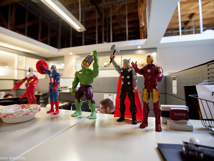 The Avengers keep watch over the accounting department. One person in the department told us that "Hulk likes to party."