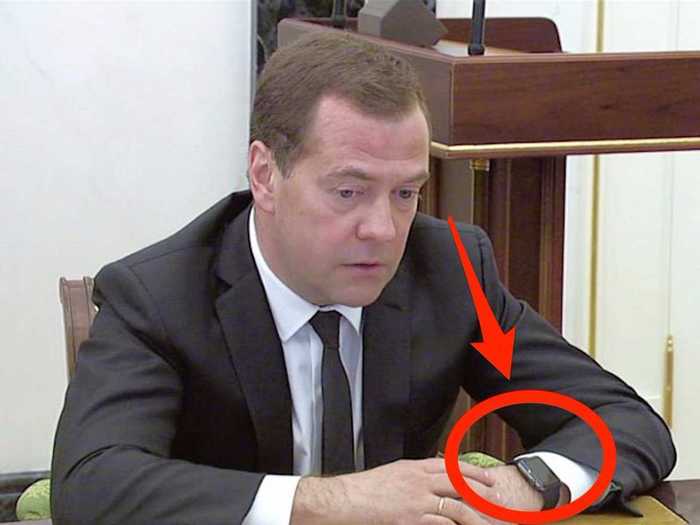 Russian Prime Minister Dmitry Medvedev was spotted wearing a space grey Apple Watch in a meeting with Putin. These are worth £339.