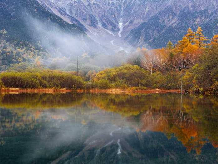 Taisho pond is a popular walk in Kamikochi due to the mirror-like reflections of Mt. Take and the Japanese Alps seen in the water.