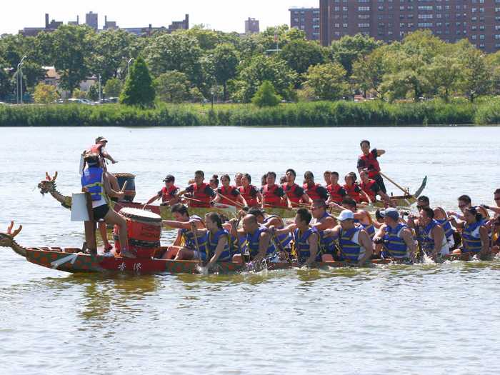 Watch 2,000 racers compete in an exciting dragon boat race at the Hong Kong Dragon Boat Festival in Flushing Meadows Park on August 8th.