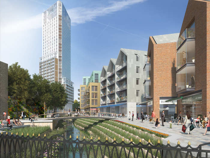 The Ram Brewery Regeneration Project includes the development of a 36-storey residential tower in Wandsworth Town. The triangular building is made of glass and steel and will have timber screens and balconies. The project is expected to cost £50.6 million and will be complete in 2018 or 2019.