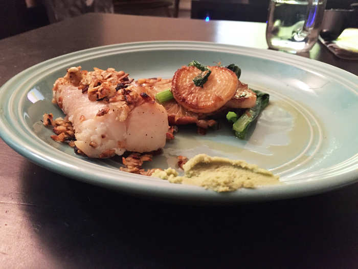 When plated, though, the dish looked and tasted great. I put some of the rice flakes back on for presentation and added a smear of wasabi to both plates.