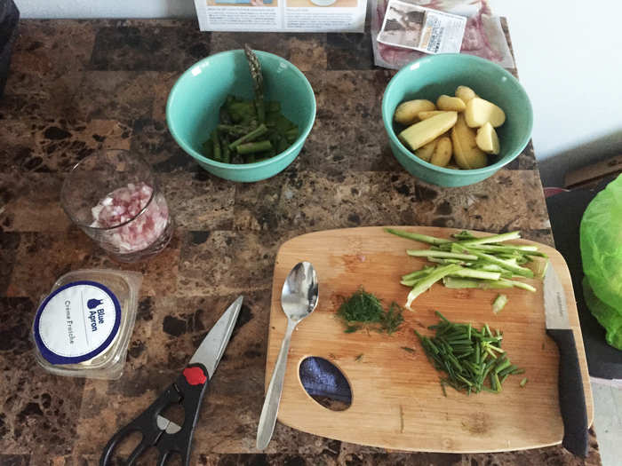 Unfortunately, I did not have a peeler to get the asparagus shaved nicely. All the other prep work for the meal was pretty simple.