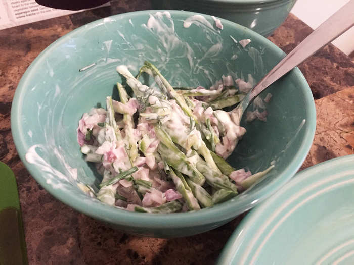 The asparagus salad was only so-so. In the future, I would have used less dill and maybe bought a peeler so I could shave the asparagus even thinner. The crème fraîche Blue Apron sent was delicious.