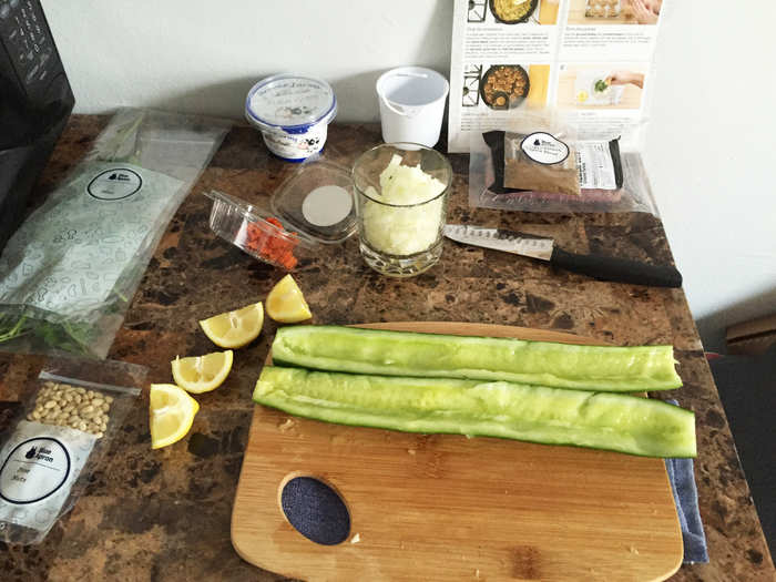 But the prep work on this meal took me almost half an hour alone. I had to cut and scoop the interior out of a cucumber, dice an onion, pick the mint and parsley off stems, and dice apricots.