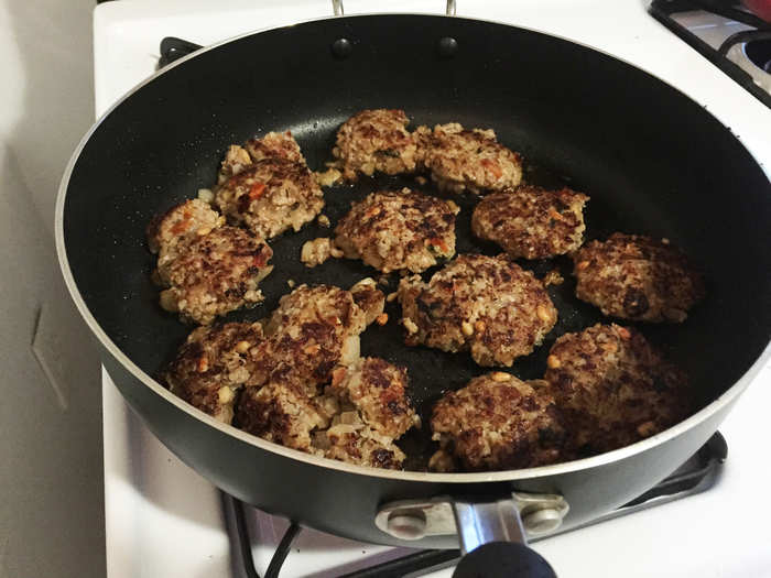 I finally got my kibbeh patties going in the pan and they started to look a lot tastier.