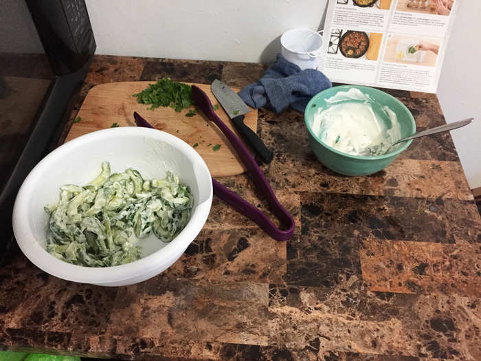 While those finished cooking, I mixed together the yogurt and the cucumber — the easiest part of this entire meal by far.