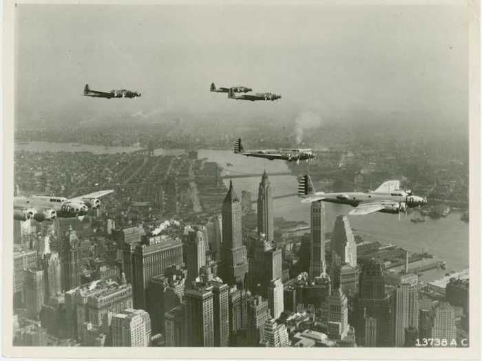 The army began acquiring fixed-wing aircraft in 1910. This photo shows Army planes flying over Manhattan in 1939.