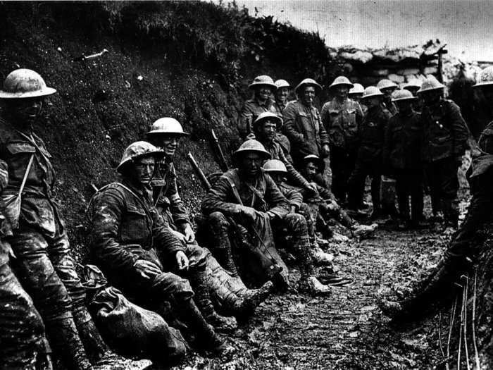 WWI marked the beginning of trench warfare and poison gas. Many of the muddy trenches throughout Europe were plauged with rat and lice infestations and were breeding grounds for disease. Here are American soldiers standing in a trench in 1915.