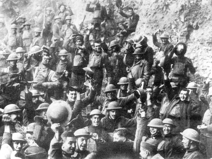 On November 11, 1918 the Armistice of Compiègne was signed between the Allies and Germany effectively ending the First World War. Here soldiers are celebrating the end of the war.