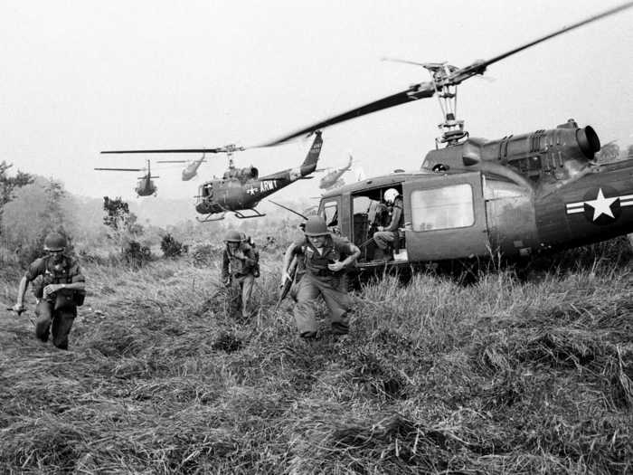 The Army operates a few fixed-wing aircraft, but numerous types of rotary-wing aircraft. Here, US Army helicopters drop off American soldiers during an offensive against the Viet Cong.